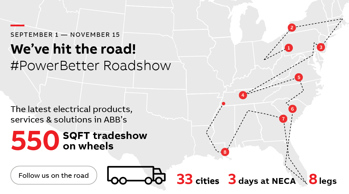 ABBNorthAmerica's tweet photo. ABB is bringing the latest electrical products, services, and solutions directly to customers. Our #PowerBetter Roadshow showcases the complete ABB one-line from source to socket.
Keep up with us on the road here: https://t.co/Q1yxEkzi8y
#Electrification #PowerDistribution https://t.co/y7F0Tsk7ho