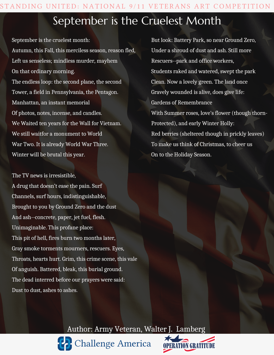 challngeamerica's tweet photo. @USArmy Veteran Walter J. Lamberg wrote, “September is the Cruelest Month.” He describes the sheer horror &amp; destruction of the terrorist attacks, but also suggests that as Americans, we can look to the future with hope &amp; determination. Read more: https://t.co/kiveMGR4zj https://t.co/WPHxuP8TKb