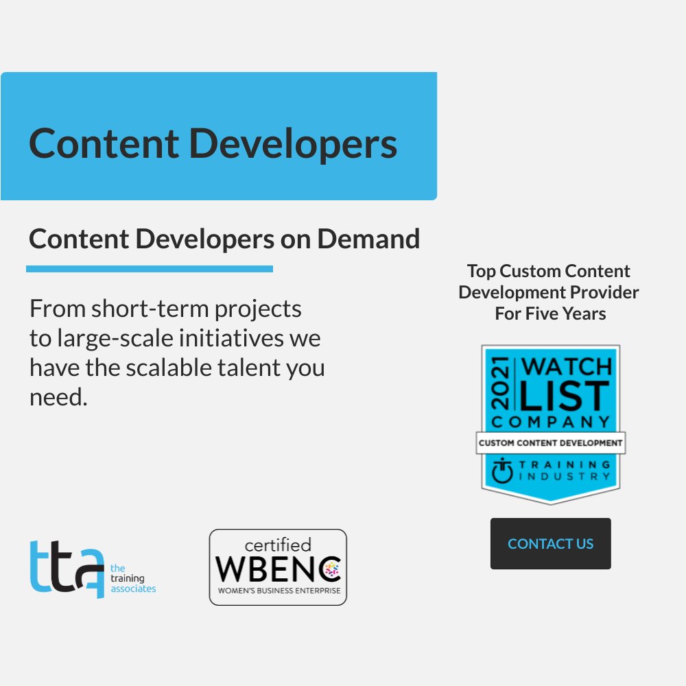 TTATraining's tweet image. If you are looking for Content Developers on demand, we have the talent you need. 

Learn more: hubs.la/H0X1kDw0

#TTA #WBENC #ContentDevelopers #CustomContentDevelopment #Talent