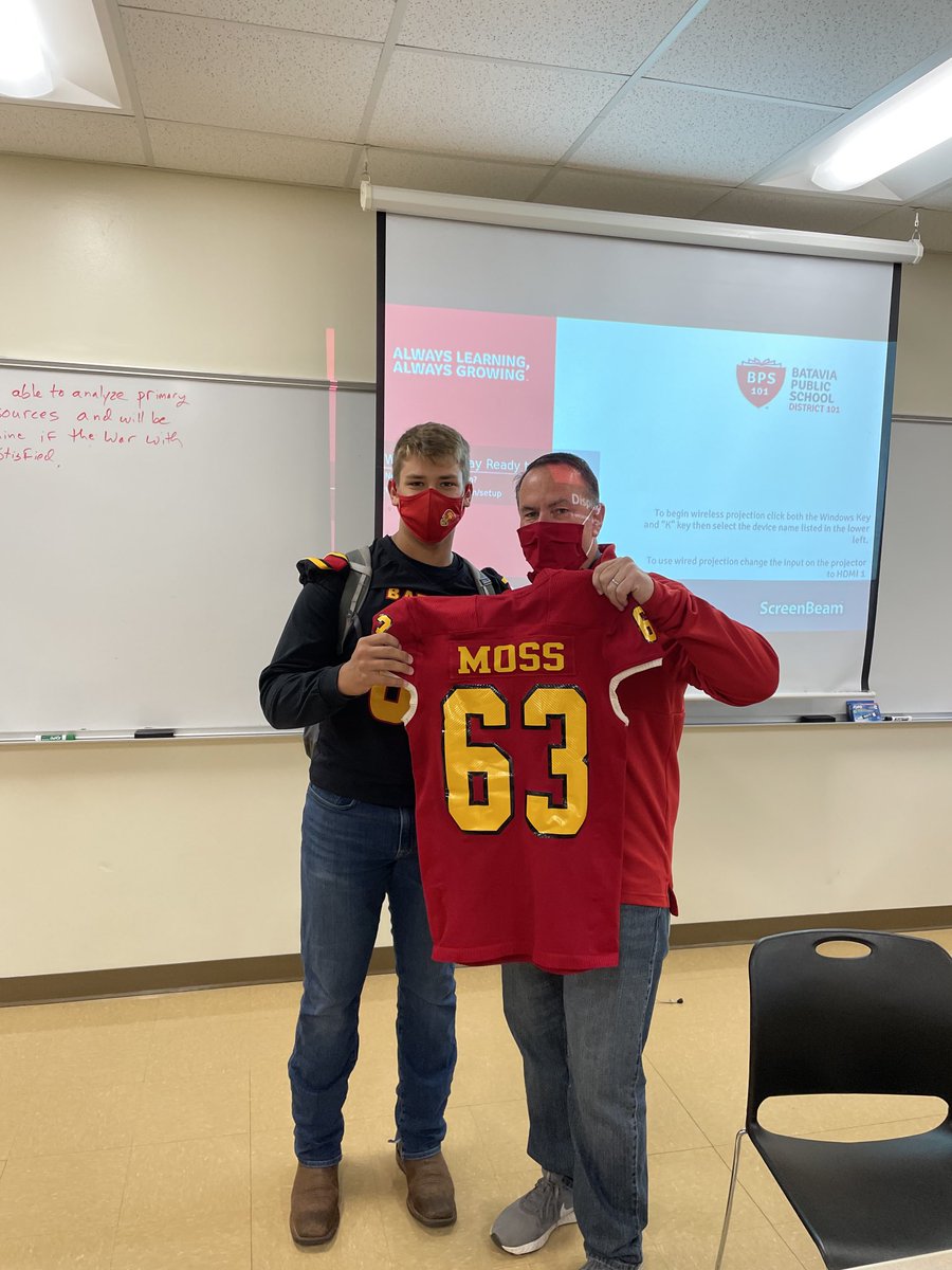 tom_shields's tweet photo. ⁦@BataviaFootball⁩ I’ve been Mossed on Teacher Appreciation Day!  Mac Moss is a solid person and a pleasure to teach!  Looking forward to a great game tonight.  For the good of everybody, I won’t try to squeeze into the jersey.  Nobody would be able to unsee that! https://t.co/4JiIhUBSE2