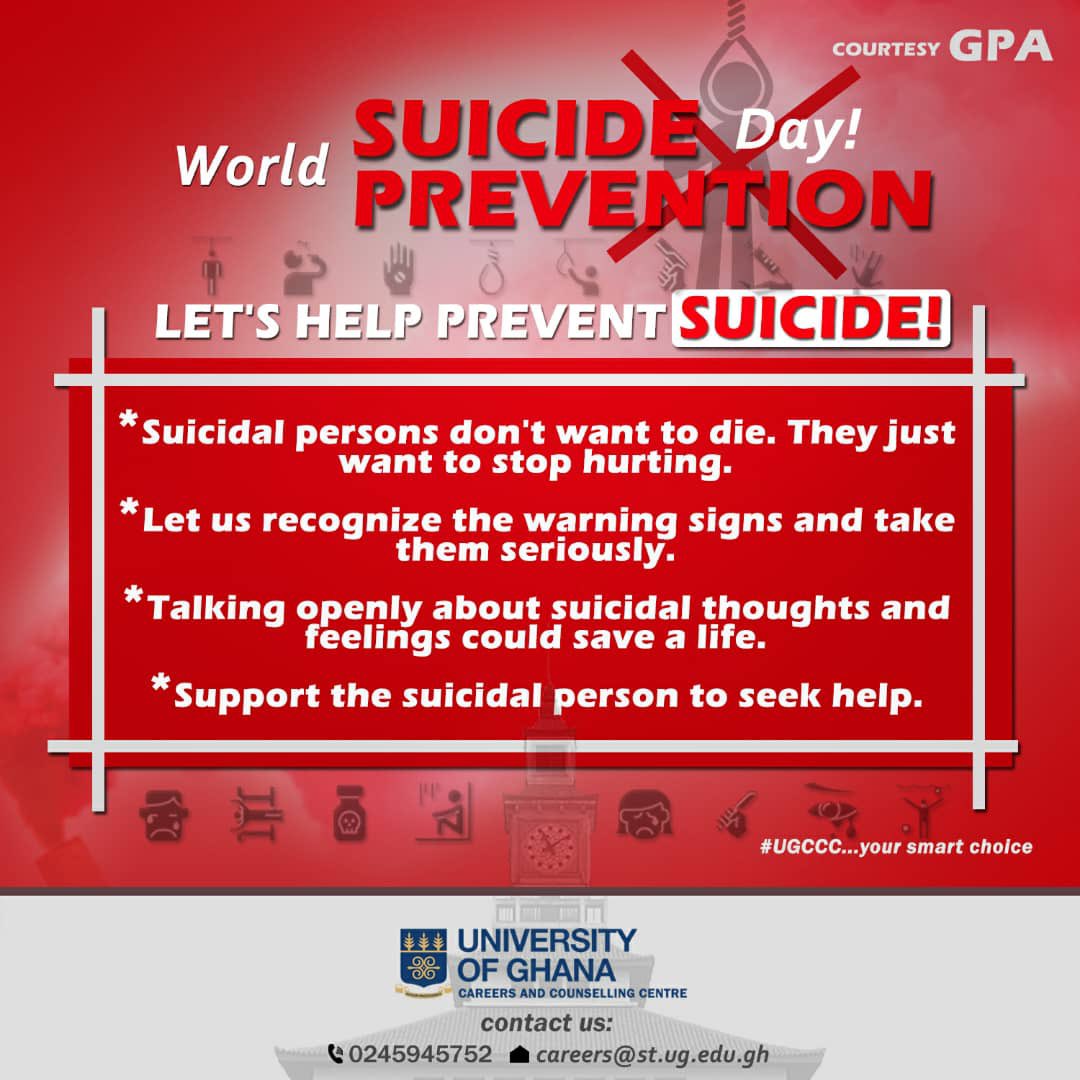 provcasaug's tweet photo. 10th September: World Suicide Prevention Day. Remember to create hope through your action and support the suicidal person to seek help.

@aba_amfo @UnivofGh @UnivGh_VC @Ug_src @univers1057fm_ @afspnational https://t.co/wTzSw9ig9W