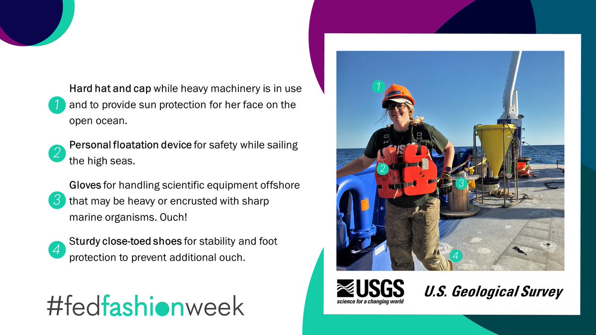 Next up on #FedFashionWeek, we have #USGS scientist Caitlin Reynolds geared up to collect sediment and small organisms from the deep sea to analyze environmental conditions.