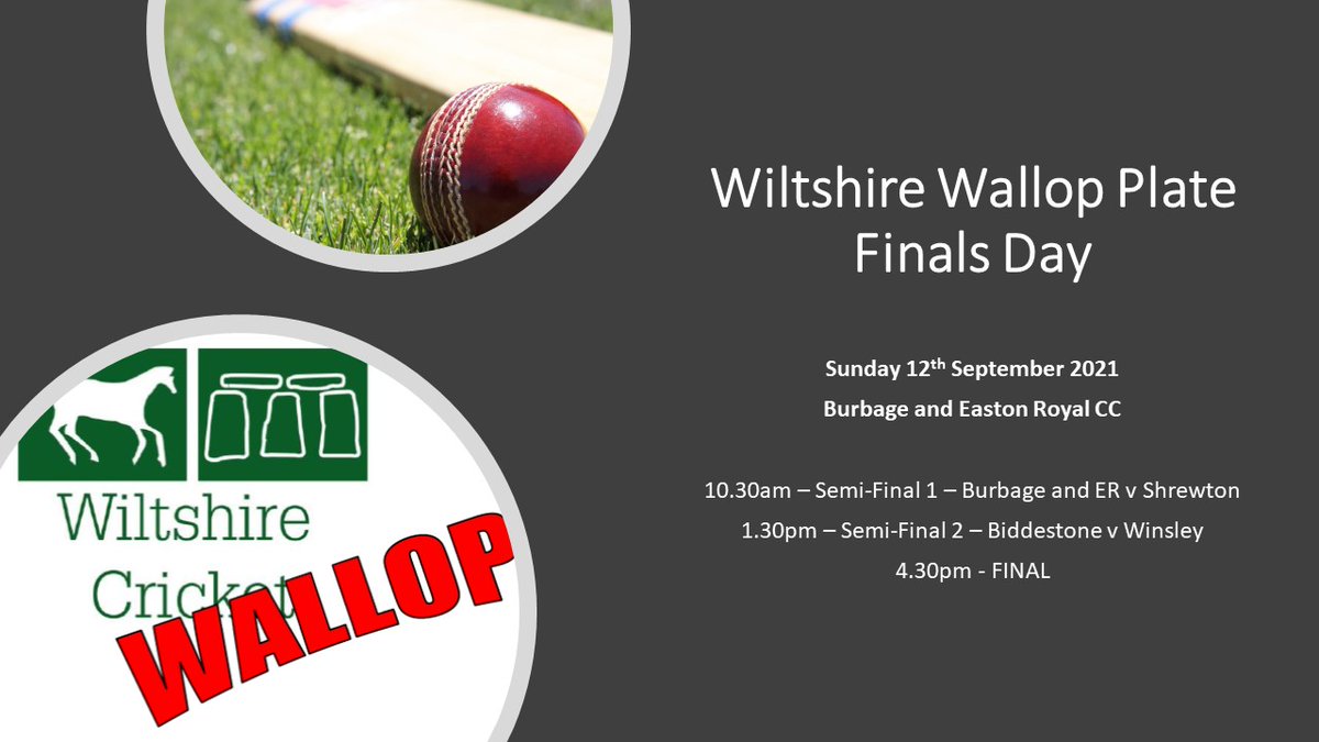🏆 Wiltshire Wallop Plate Finals Day 2021 🏆

🏏 This Sunday sees Burbage and Easton Royal CC host this year's Wiltshire Wallop Plate Finals ...

🟢 10.30am: <a href="/BurbageERCC/">Burbage & ER CC</a> v <a href="/ShrewtonCC/">Shrewton CC</a> 
🟢 1.30pm: <a href="/BiddestoneCC/">Biddestone Cricket Club</a> v <a href="/winsleycc/">Winsley CC</a> 

👍 Good luck to all teams involved