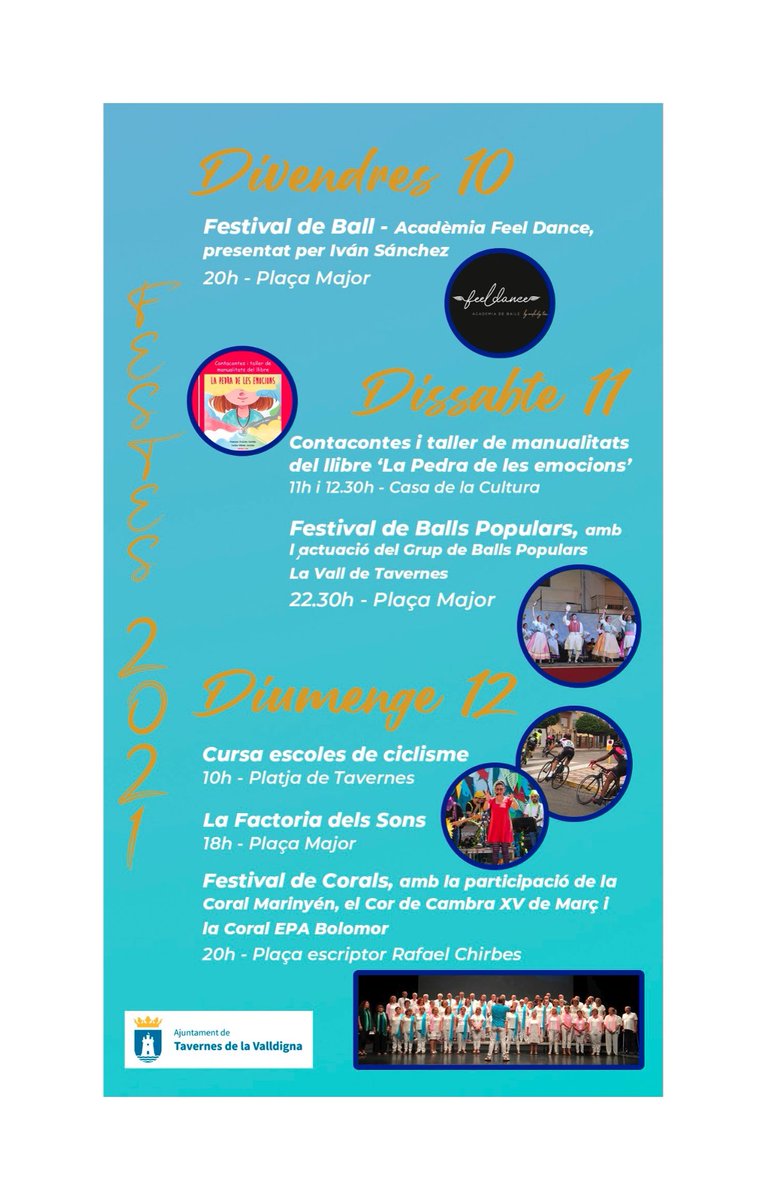 🆕 Tavernes celebra el primer cap de setmana de les Festes Majors del 2021

▶️ L’Ajuntament ha programat activitats culturals per a tota la família
▶️ Els actes segueixen un control d’aforament i serà obligatori fer ús de la mascareta per a previndre possibles contagis de COVID