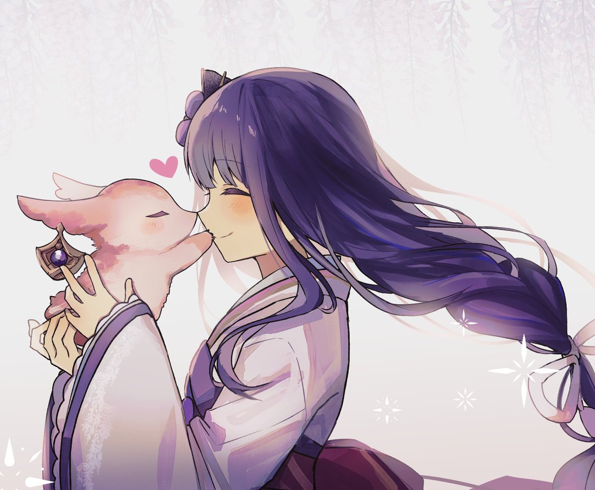 raiden shogun ,yae miko fox closed eyes purple hair japanese clothes long hair smile braid  illustration images