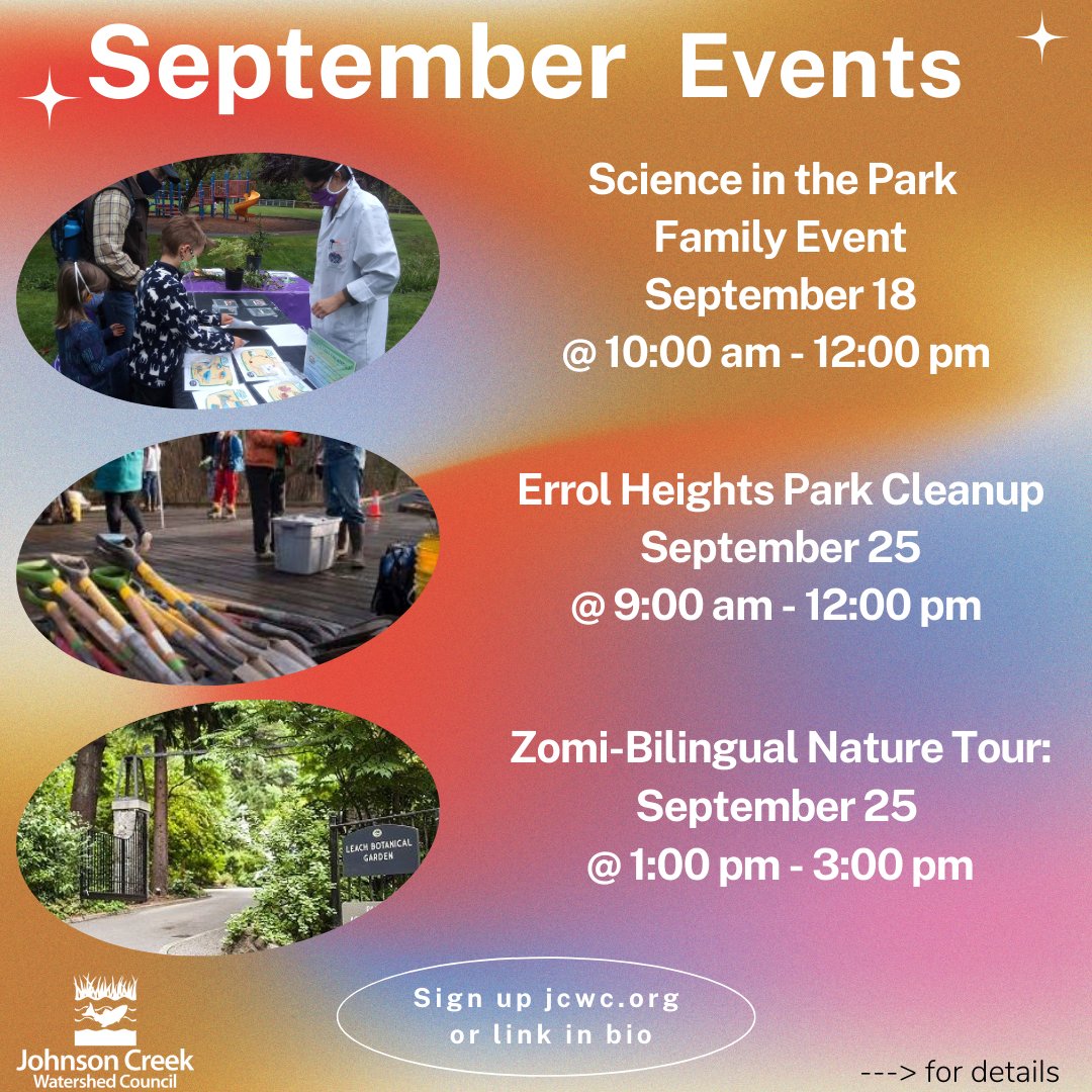 JohnsonCreekWC's tweet photo. Here is what we have going on the rest of the month! All events are free.
Masks Required & all outdoors. Sign up at https://t.co/Pp37E9sDxT
#pdxfamily #portlandoregonoutdoors #getoutsideportlandoregon https://t.co/97zqokgQLh