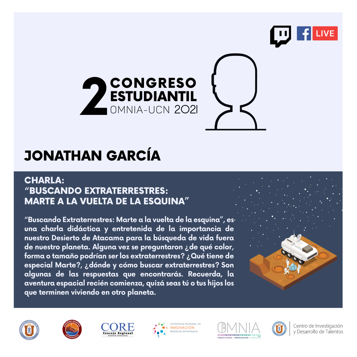 omnia_ucn's tweet image. ¿De qué color, forma o tamaño podrían ser los extraterrestres? o ¿qué tiene de especial Marte? 
Encuentra esta y otras respuesta en la charla &quot;Buscando Extraterrestres: Marte a la vuelta de la esquina”, junto al tecnólogo médico Jonathan García, en el Congreso de Ciencias OMNIA⚗️