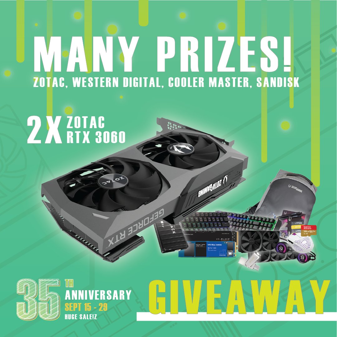 alertsbycentral's tweet photo. It's our 35th Anniversary! 🎉To celebrate, we'll be hosting multiple giveaway prizes, which include two Zotac RTX 3060! So, stay tuned to learn how to enter the giveaway.

#giveaway #zotac #coolermaster #westerndigital #sandisk #NZXT #rtx3060 #CC35SALE #35YEARS https://t.co/GGoRkXm6J1