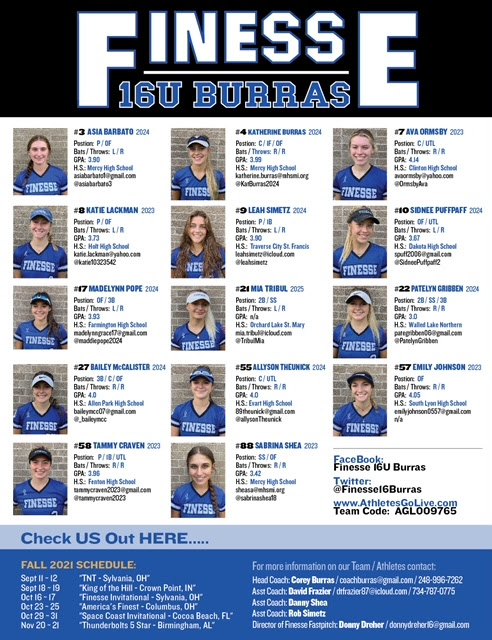 Finesse 18u Burras (@finesse18burras) on Twitter photo Here is a complete look at the 21-22 Finesse 16U Burras team appearing soon at a field near you...
<a href="/FinesseOrg/">Finesse Fastpitch</a> Here is a complete look at the 21-22 Finesse 16U Burras team appearing soon at a field near you...
<a href="/FinesseOrg/">Finesse Fastpitch</a>