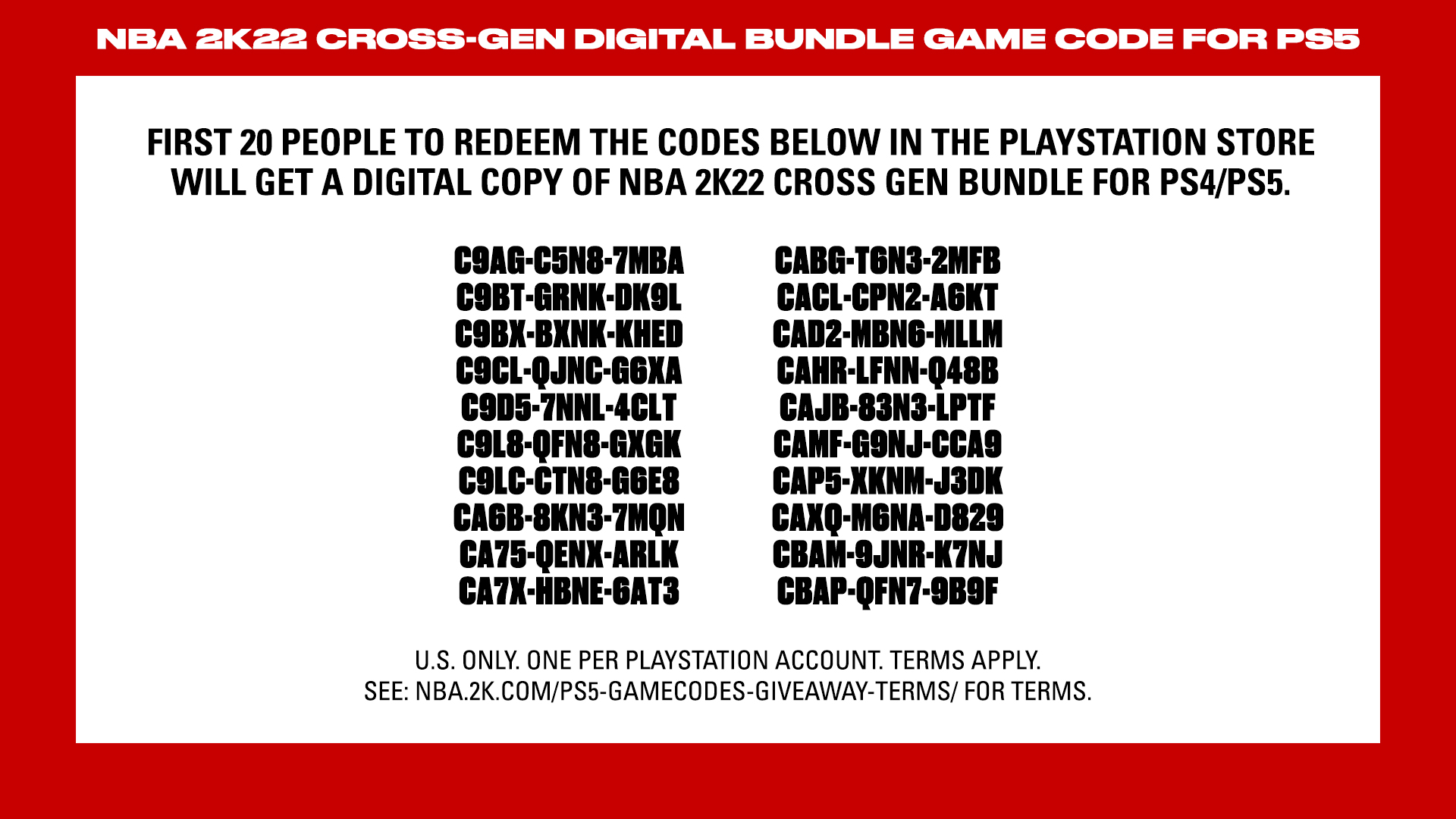 NBA 2K on "🎮 NBA 2K22 Game Codes for @PlayStation US only. One per PlayStation Account. Terms See terms: https://t.co/SYMtTIURuE https://t.co/cOZFecifZH" /