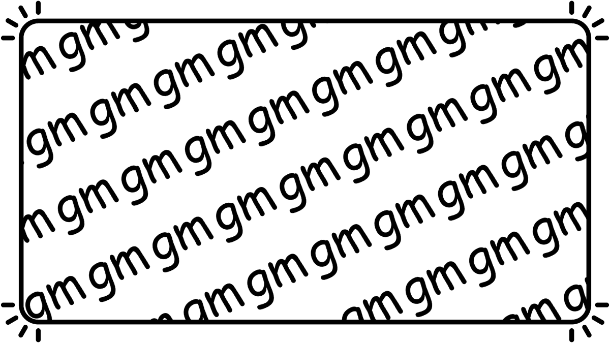 AWice's tweet image. A study in salutations based around a popular greeting. The shared culture experience of our world is captured succinctly to commemorate on-chain. Variables include the size of the gm, the position of the gm, and whether the gm wears a hat. Each gm is expensive.