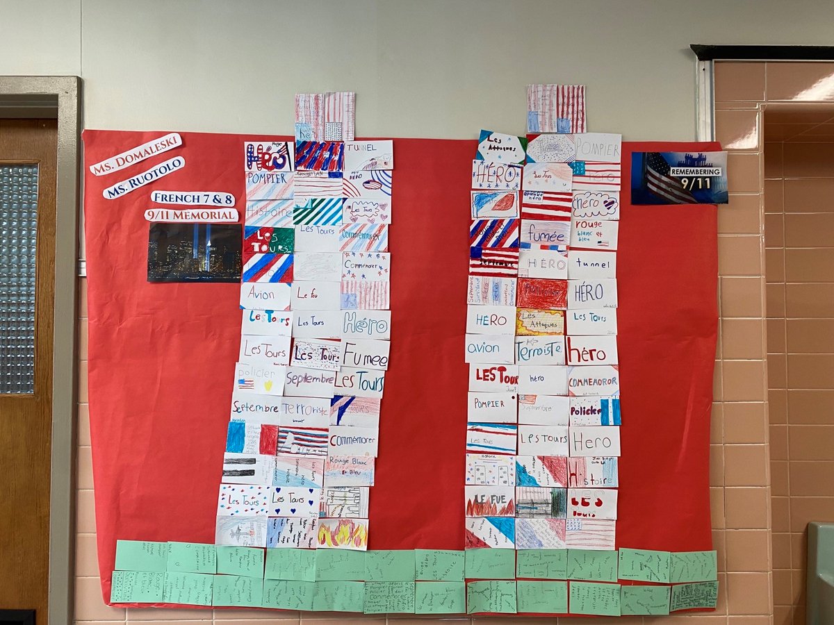 RMSWavePride's tweet image. French students write a word in French related to 9/11. and decorate them in blue and red to honor the victims of 9/11.
