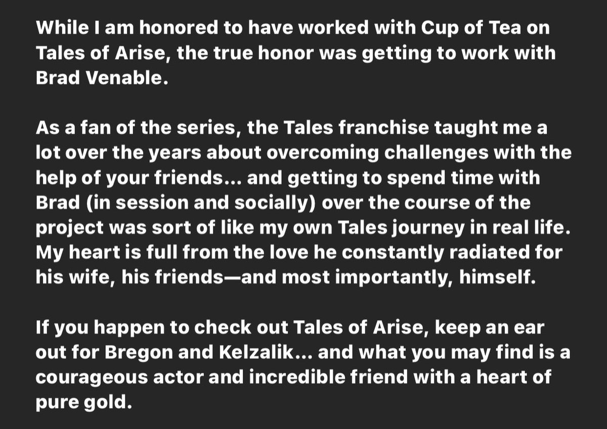 Grateful to @Cupofteaprod for having me as part of the team on Tales of Arise.  I wanted to share some thoughts I am having with this release.

Miss you fiercely, @bradvenable.