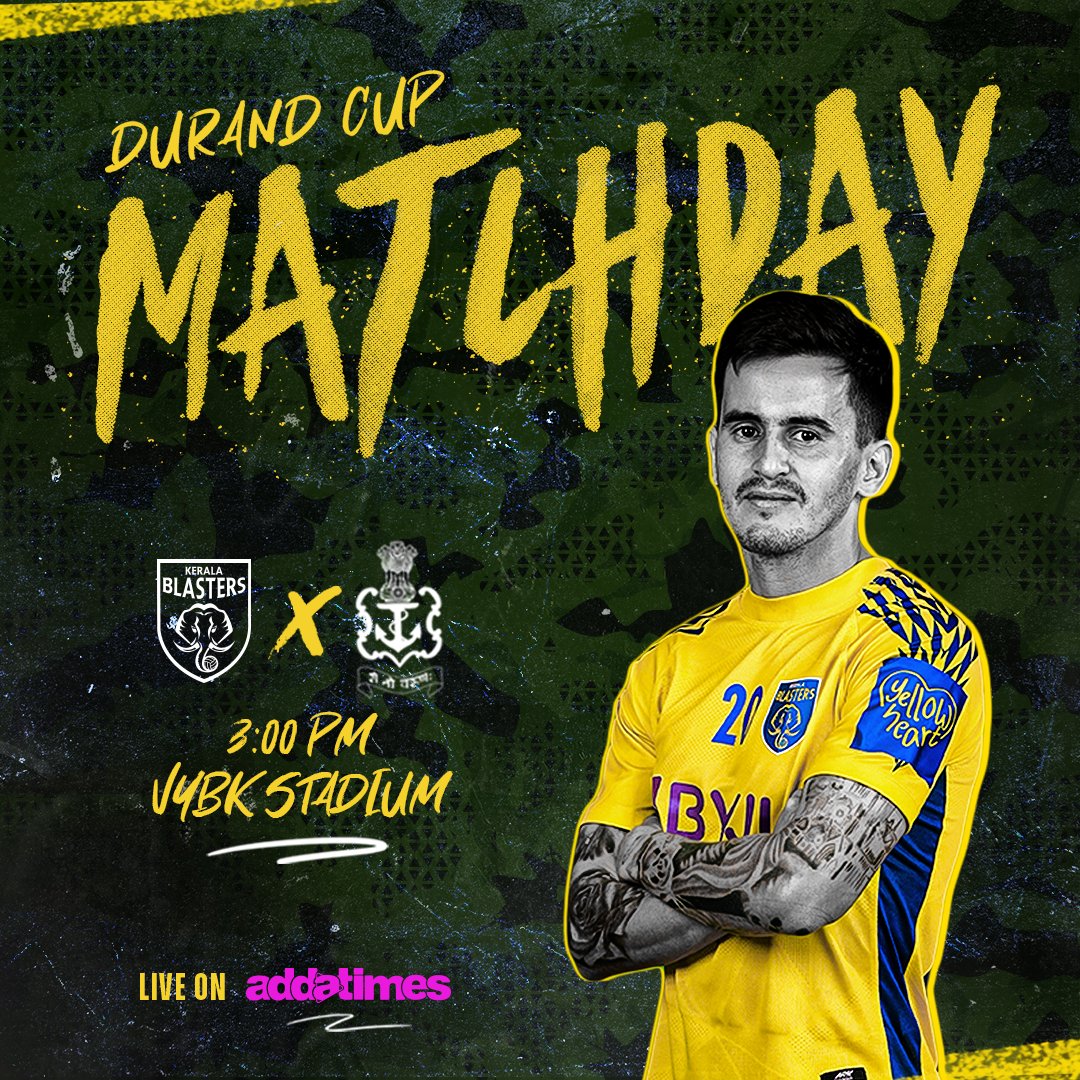 KeralaBlasters's tweet photo. 𝔻𝕌ℝ𝔸ℕ𝔻 ℂ𝕌ℙ 𝔻𝔼𝔹𝕌𝕋 𝔻𝔸𝕐 ⚔

We play our opener against Indian Navy this afternoon! 💪

#DurandCup #YennumYellow https://t.co/0tPmYbtorH