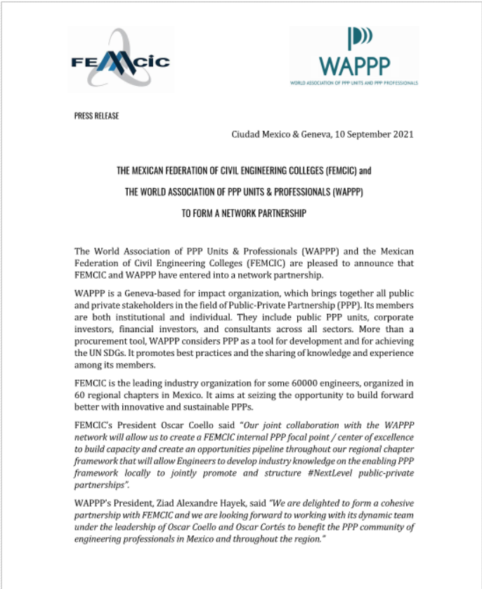 WAPPPgeneva's tweet photo. We're pleased to announce that @FEMCIC1 and WAPPP have entered into a network partnership.
#NextLevelPPP #MexicanEngineers #publicprivatepartnerships https://t.co/5nLgQttaph