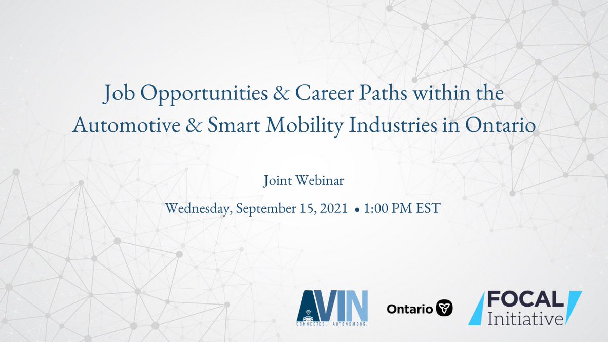 The automotive industry is transforming, bringing new jobs that will require dynamic skills.

Learn about these exciting opportunities at next week's webinar by the Autonomous Vehicle Innovation Network (#AVIN) &amp; the FOCAL Initiative.

Sept. 15th, 1 p.m.  bit.ly/3E6uA3q