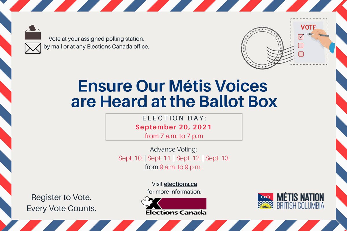 MNBC is encouraging Métis to have our voices heard at the ballot box. Advance voting starts TODAY and runs until the 13th. September 20 is election day. elections.ca #cdnpoli