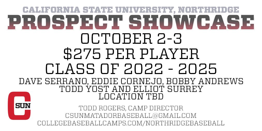 CSUNBaseball's tweet photo. Don’t miss your opportunity to showcase yourself in front of the entire #CSUN coaching staff! 
Visit https://t.co/YY36kbm4a4 to register. https://t.co/VXALFZCxmB