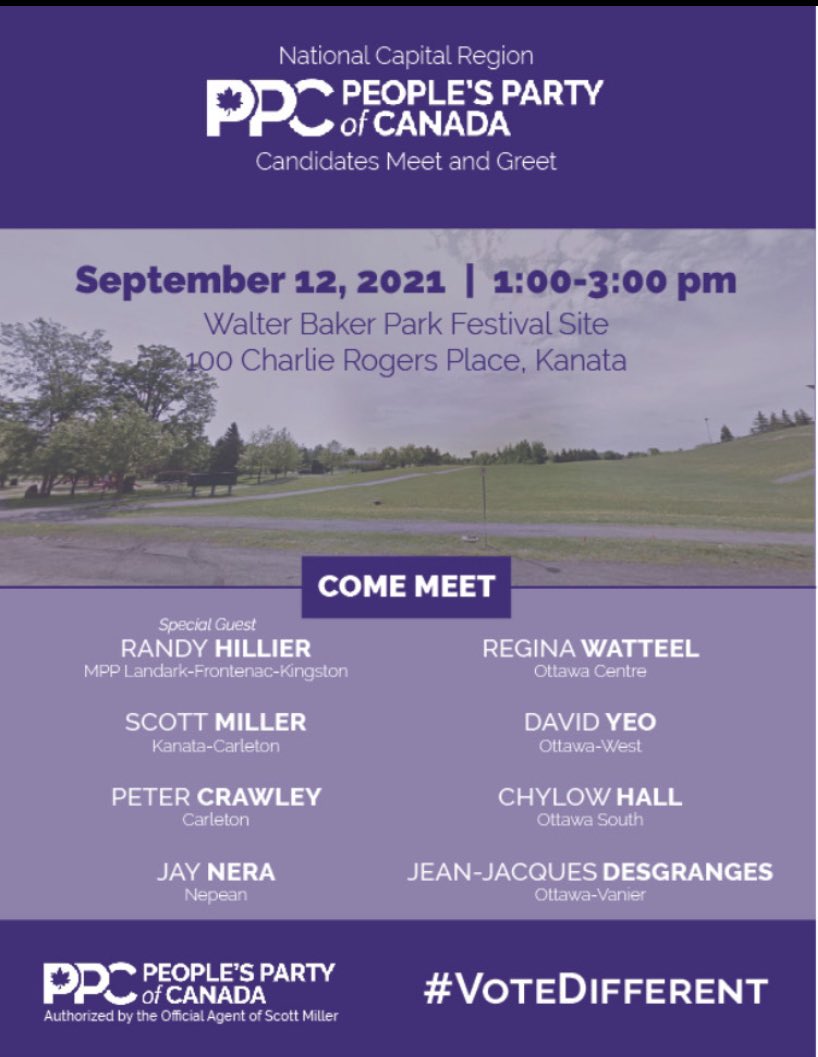 **please share** Please invite your friends, family and neighbours! 
Sunday, Sept 12, 2021 
1-3pm
Walter Baker Park Festival Site
100 Charlie Rogers Place, Kanata

Hope to see you there! 
#VotePPC #VoteForFreedom #ottawasouth
