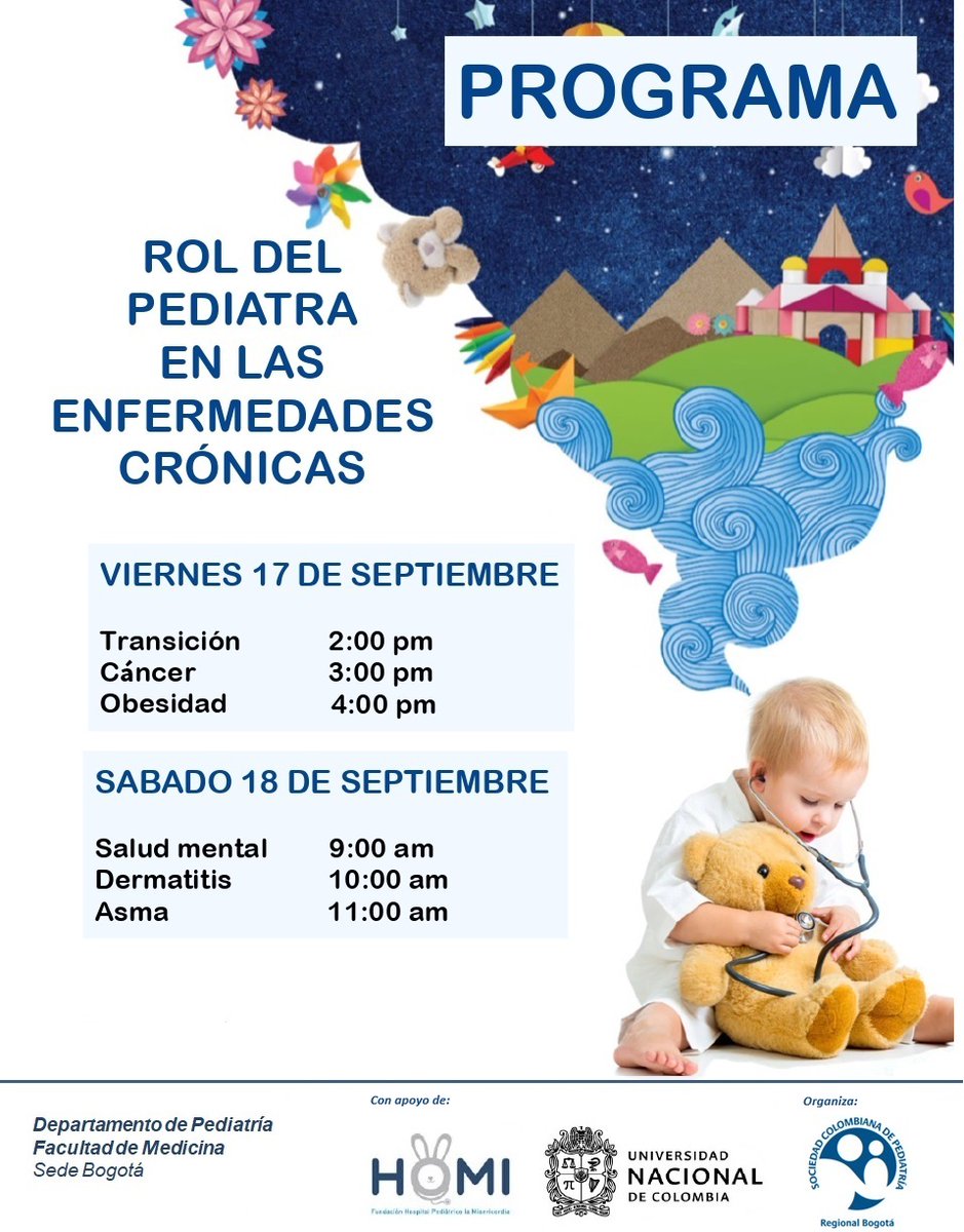 MedicinaUNAL's tweet photo. Acompáñanos al conversatorio "Rol del pediatra en las enfermedades crónicas" con participación de la SCP Regional Bogotá , el grupo de Residentes de Pediatría de la  Universidad Nacional de Colombia y  Fundación HOMI.
Inscripciones en el link: https://t.co/6bXC5N4h91 https://t.co/eS34TvQ4mk