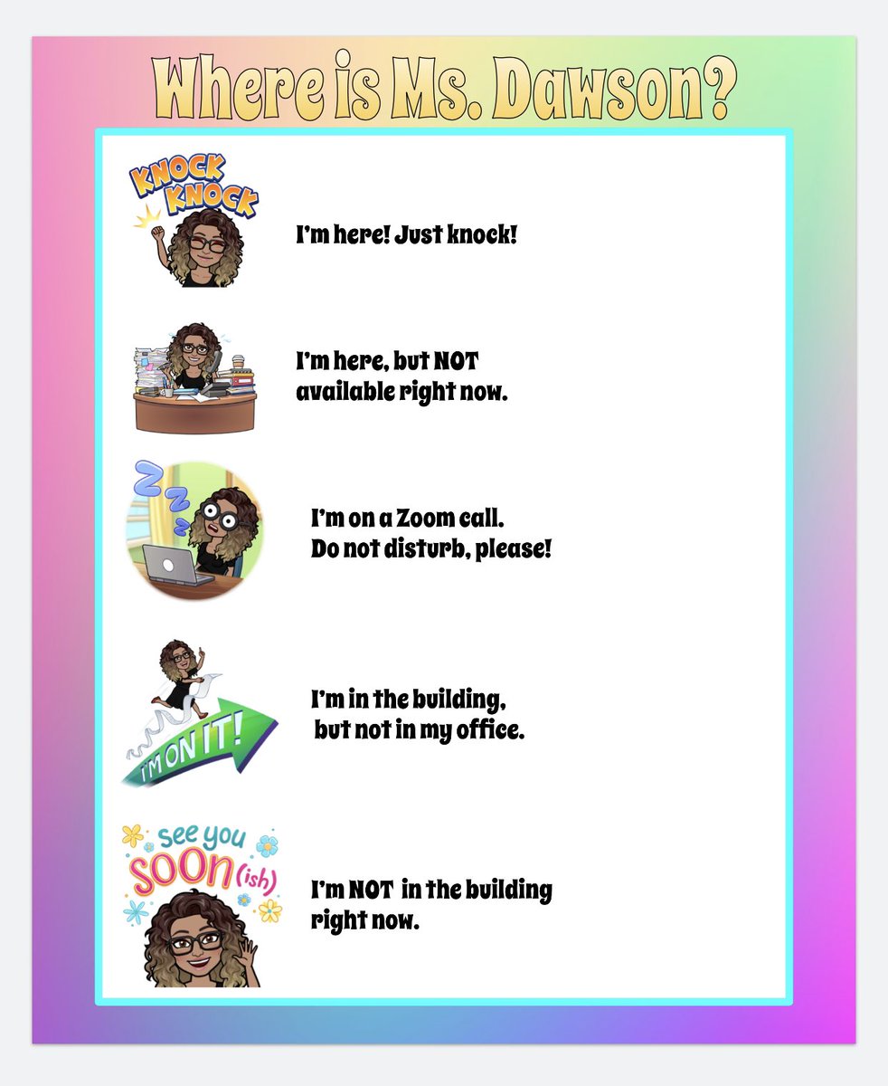 dawsonedtech's tweet photo. Made this after some #twitterinspiration to help teachers know where I am and if I’m available. My meeting with @CDBrooken7 for @dpvils today sparked the idea. #cohort8 @APSInstructTech @apsitnatasha @APSITFelisa https://t.co/wEApxk4hom