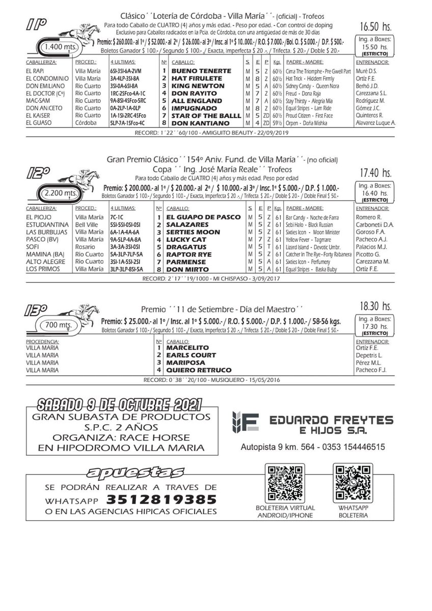 TURF🇧🇬🐴 - PROGRAMA OFICIAL,Sab 11-09. Gran Premio 154 Aniversario de Villa María
➡️Grandes clásicos.
➡️Transmisión por canal de YouTube: Hipódromo de Villa María
🐎🏆ATENCIÓN!!! Luego de 30 años se disputará una carrera oficial: "Clásico Lotería de Córdoba - Villa María"