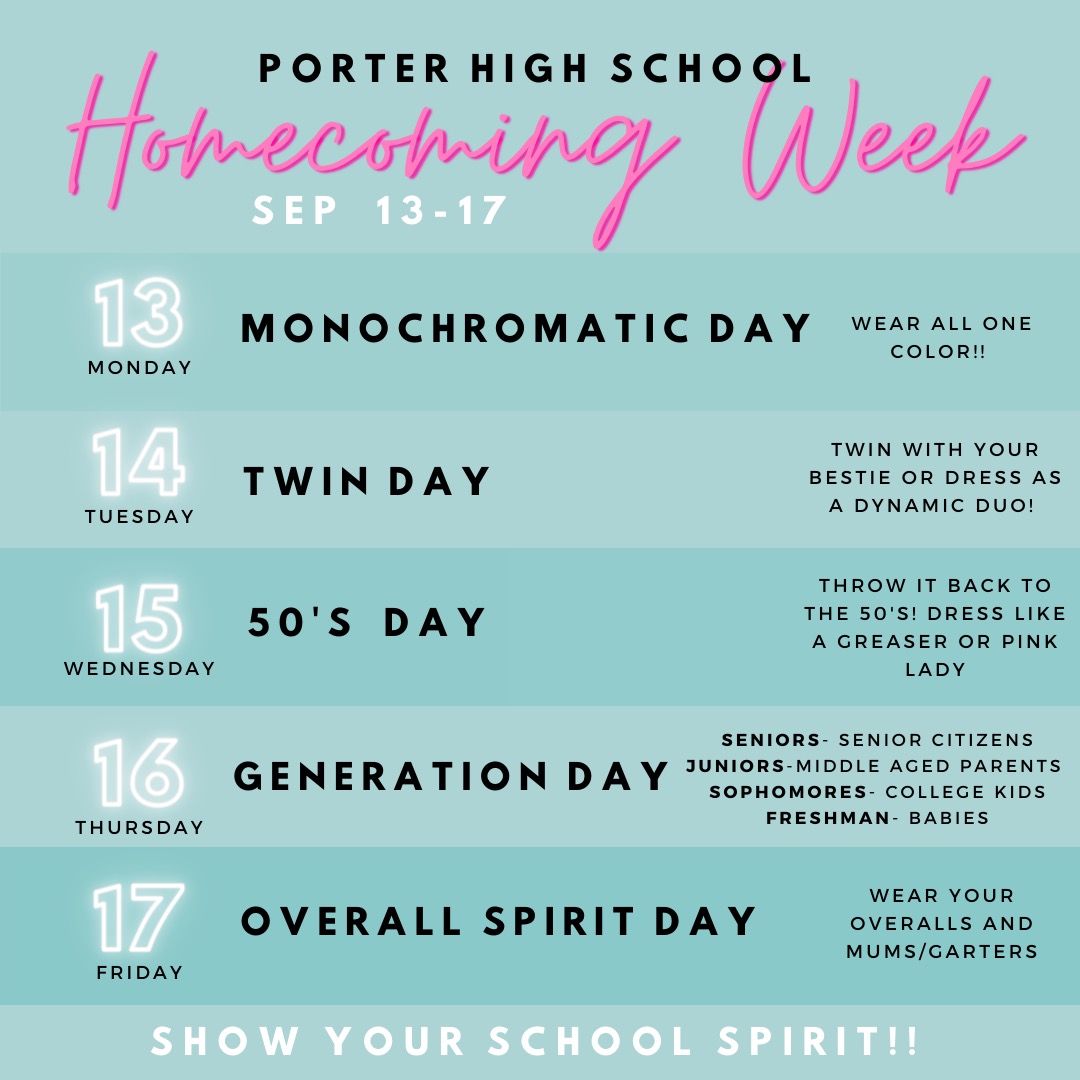 Homecoming dress up days for next week! 
Be sure to show your spirit but make sure everything you wear is still in dress code!
Homecoming dance is Saturday, Sept. 18th - tickets for sale during lunch. #PHS_Spartans #NCISD