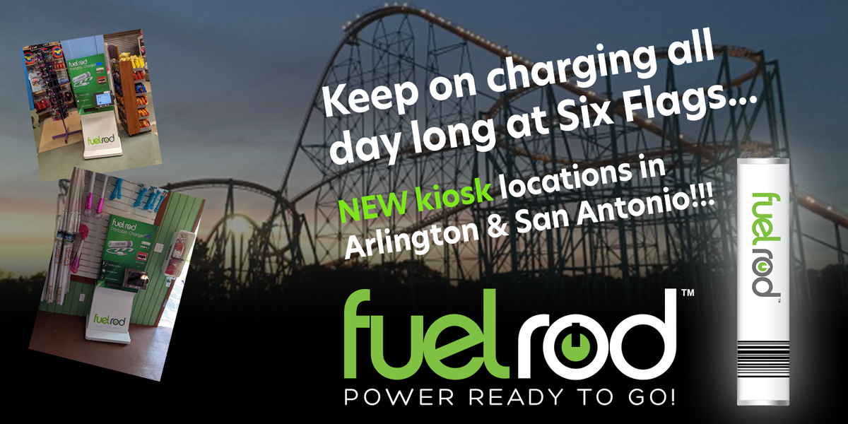 Don't miss a moment <a href="/SixFlagsOverTX/">Six Flags Over Texas</a> or <a href="/SF_FiestaTexas/">Six Flags Fiesta Texas</a> - stay charged all day with our newest Charge-on-the-Go kiosk locations at your favorite Texas theme parks! Download our new mobile app for location details &amp; touchless swaps.