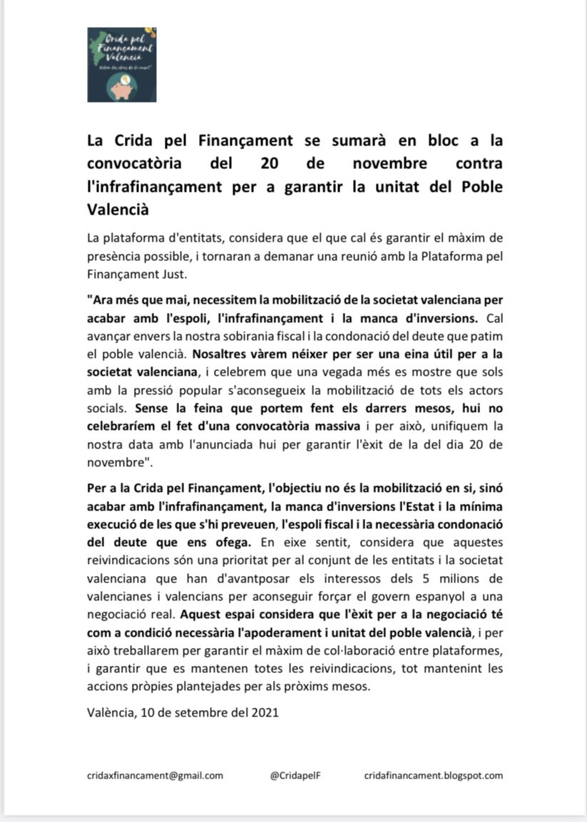 VicentMauri's tweet photo. La Crida pel Finançament se sumarà en bloc a la convocatòria del 20 de novembre contra l'infrafinançament per a garantir la unitat del Poble Valencià

@CridapelF @DaDPV @IntersindicalV https://t.co/OAgyQGBp9Y