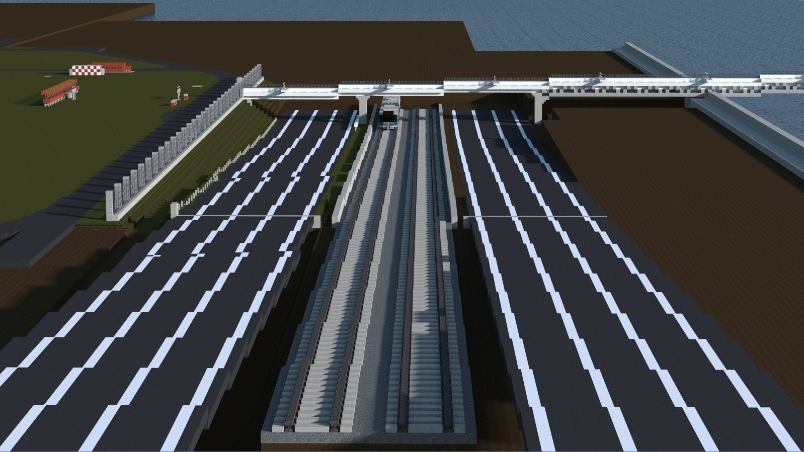 空港好きのﾏｲﾝｸﾗﾌﾀｰ 関空制作中 マイクラ関空 滑走路24l側にも進入灯を設置しました 反対側も実物と同じく進入灯の長さは滑走路端から約900ｍ 約900マス となっています 次は関西国際空港連絡橋を作っていきます マインクラフト マイクラ Minecraft