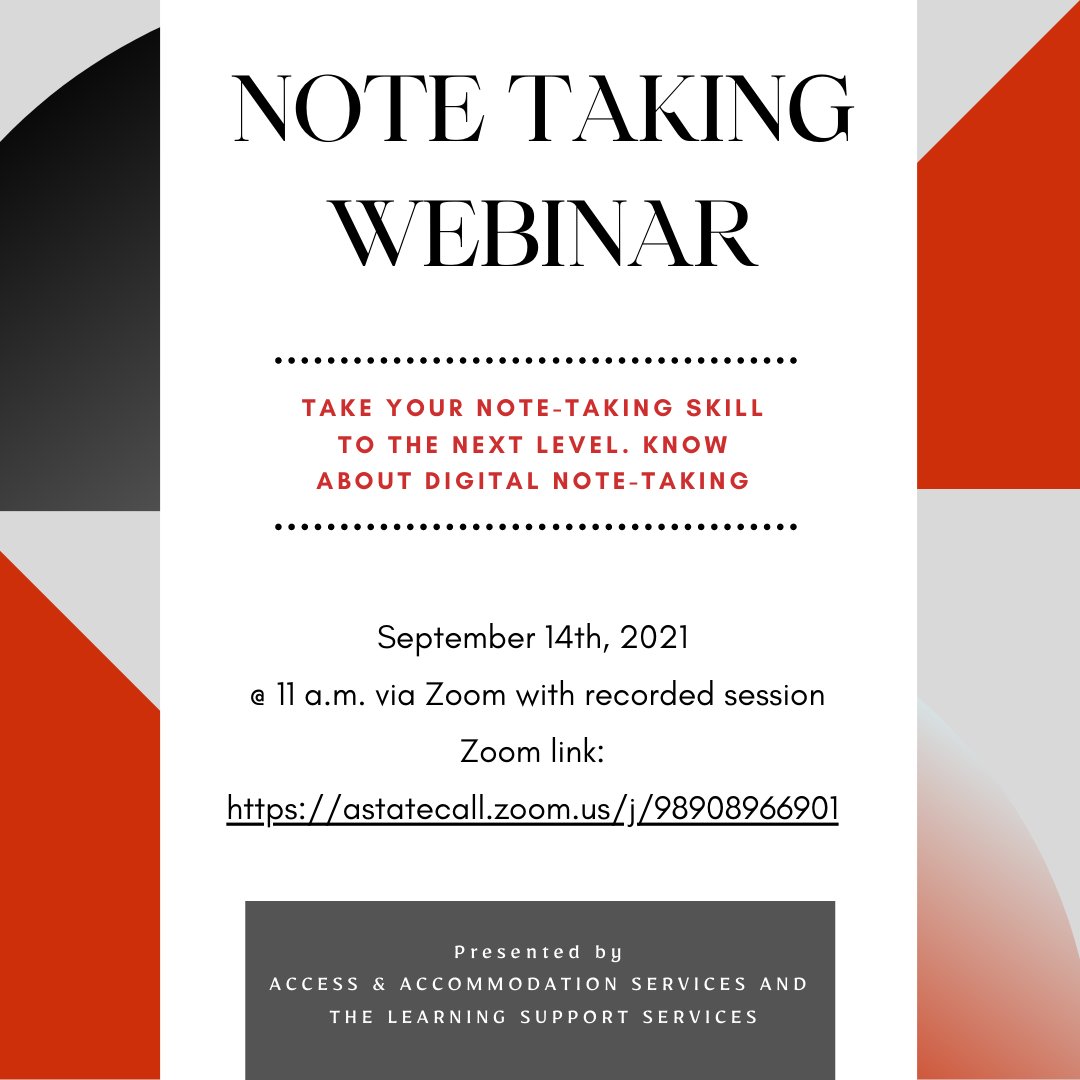 Note-taking is an essential skill to be successful in college. Now there are technologies to support digital note-taking. Join the webinar on Sep. 14th at 11 am via a recorded zoom session to know more. Zoom link:
astatecall.zoom.us/j/98908966901