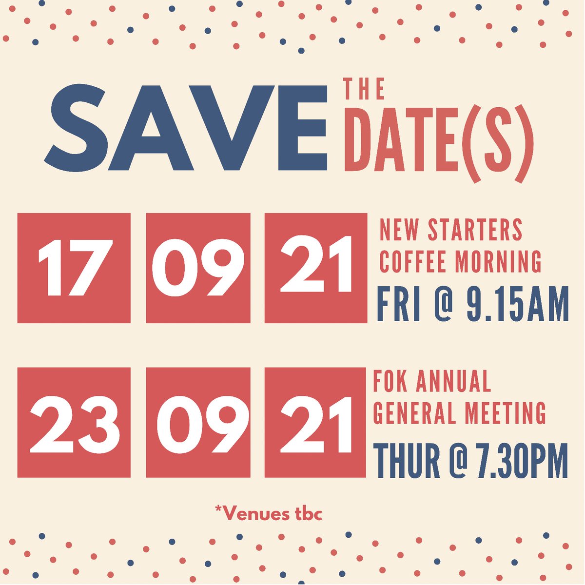 Our AGM and coffee morning for parents of new starters are taking place this month. Please mark the dates/times in your calendars and we will be in touch with more details soon!