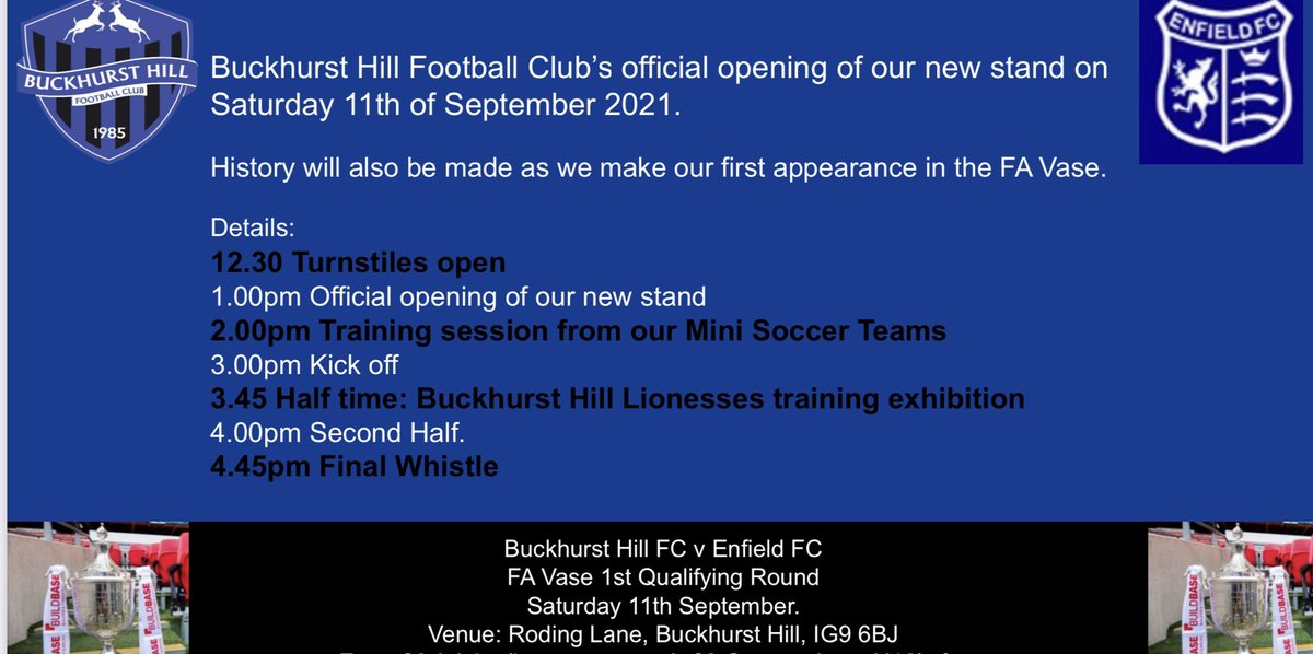 Don’t forget to some and support your local team ! As @BHFC_1st make history with their first FA Vase match ! #communityclub#buckhursthill