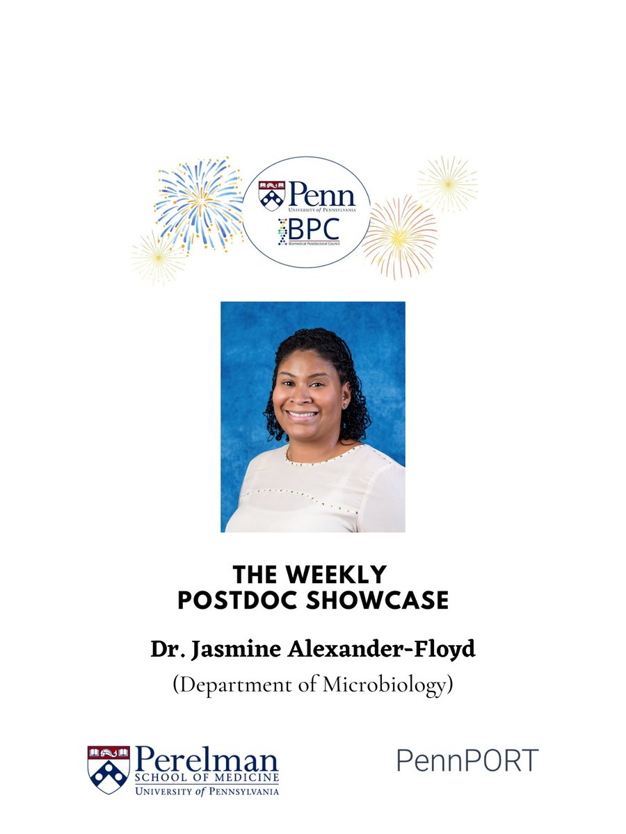 PennPPA's tweet photo. We are super stoked to feature Dr. Jasmine Alexander-Floyd on our “Weekly Postdoc Showcase”!
Dr. Alexander-Floyd is a PennPORT Postdoctoral Fellow
@PennMicro in the lab of Dr. Sunny Shin. She is also the Co-Chair for the @PennBPP -Diversity Committee.
#weeklypostdocshowcase https://t.co/4Z6F3rfGO2
