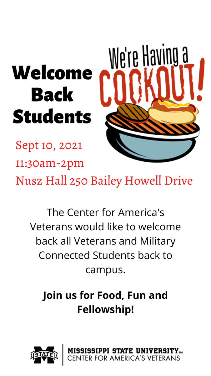 Don’t forget about our Welcome Back Cookout today at Nusz Hall. Come stop by!