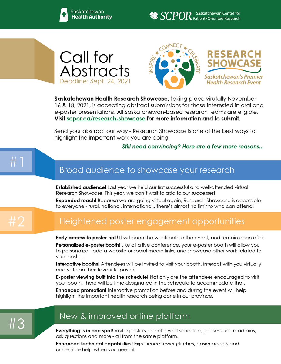 CaseyJohnna's tweet photo. Why should you submit your abstract to @saskHealth @SCPOR_SK Research Showcase? For all the reasons below! You've got TWO WEEKS to do it!
More info here: https://t.co/xwGAJy8lER
#researchSK #researchimpacts #saskresearch #researchshowcase #researchshowcase2021 https://t.co/zLNYfOymAW