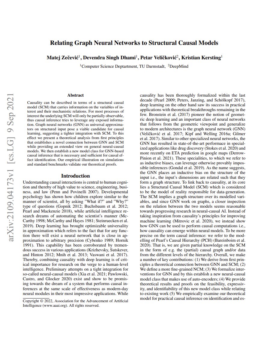 Montreal_AI's tweet image. Relating Graph Neural Networks to Structural Causal Models

Zečević et al.: arxiv.org/abs/2109.04173

#ArtificialIntelligence #GraphNeuralNetworks #CausalModels