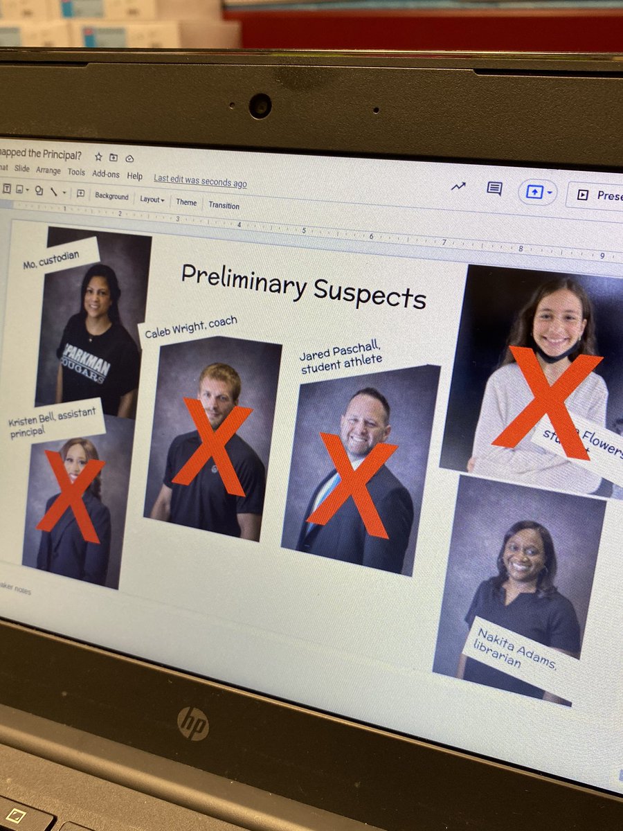 Principal Missing! Mrs. Gibbs’s 6th graders are using text evidence to nab the kidnapper. Fun day in ELA! #LetsGrowCougars <a href="/SparkmanMiddle/">Sparkman Middle</a> <a href="/JenniferHWhitt/">Jennifer Hilliard Whitt</a>