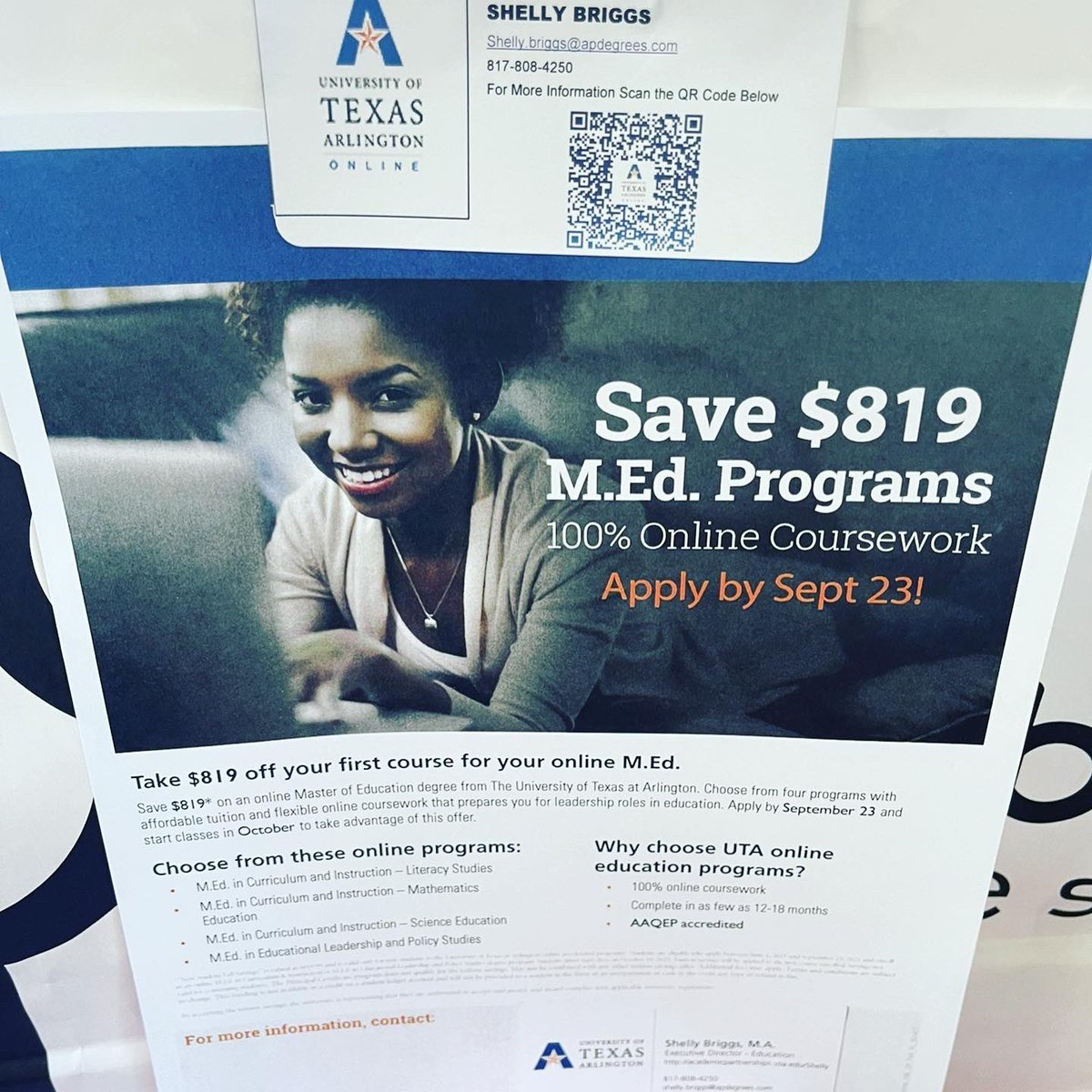 SBriggsUTA's tweet photo. @UTACOEd here @ILTexasSchools Keller Saginaw HS thx @ilayne2 for supporting your #educators to pursue their #highered Enjoy @CrumblCookies while looking at which #Online program best fits your #professional &amp; #personal #goals &amp; don’t miss out on saving $819 off your 1st course https://t.co/9BVXL9rbkU