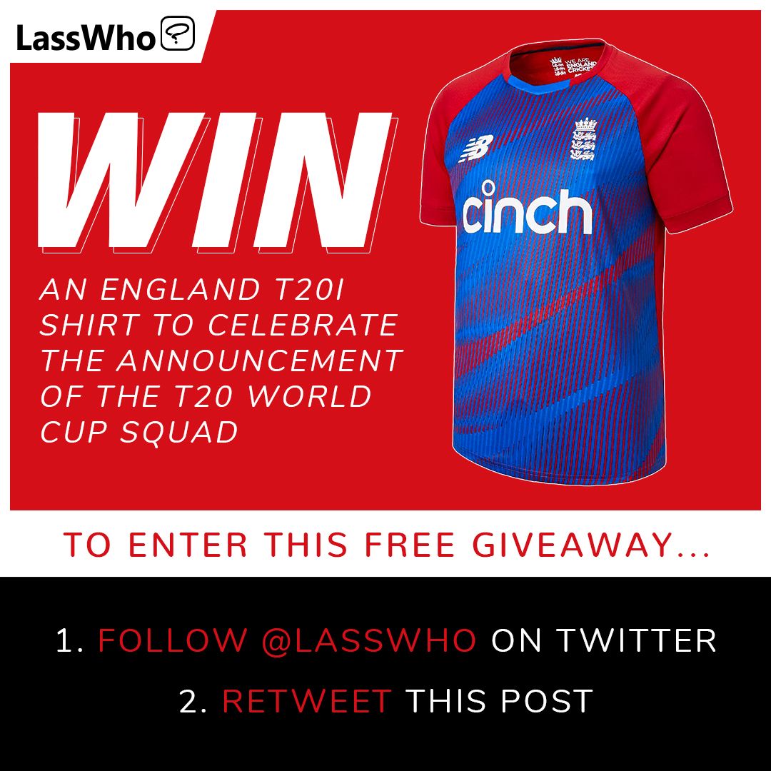WIN AN ENGLAND T20I SHIRT! 🎉 To enter this free giveaway: 1️⃣ Follow us @LassWho 2️⃣ Retweet this post Winner announced Tuesday 14th September 🎁 Good luck! 👕🏏 #LassWho