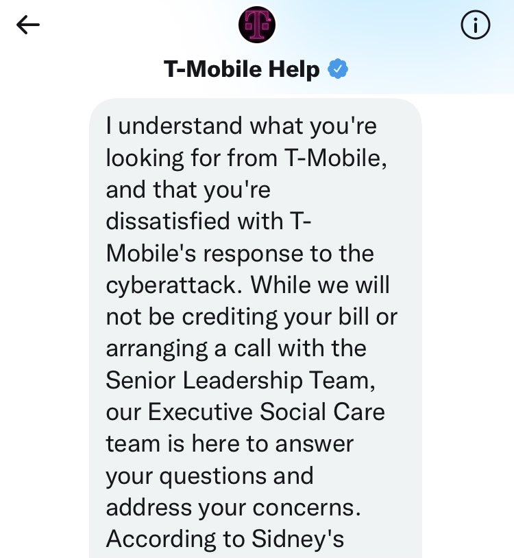 TheMarkRoman's tweet image. The official @TMobile @TMobileHelp #tmobile response yesterday to my multiple complaints about #TMobileHack: