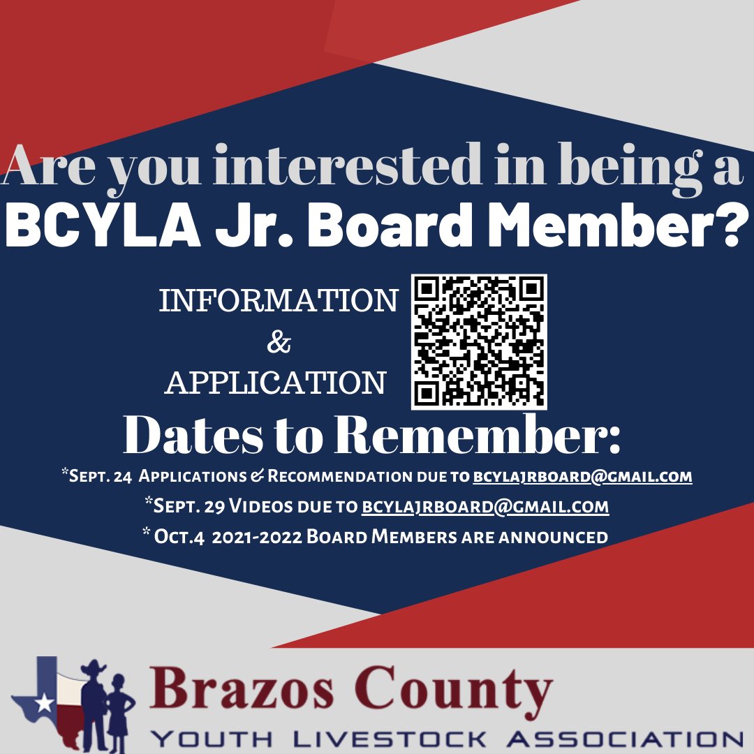 BryanTx_FFA's tweet photo. Are you interested in being a member on the BCYLA JR. Board?  

Information and important dates below! https://t.co/Zl3xnY8b50