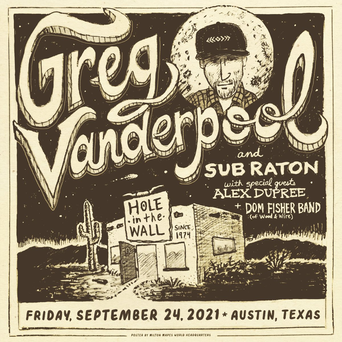 Fri 9/24 is two weeks away. Show will be outside on patio at the beloved <a href="/HITWatx/">Hole in the Wall</a> w/ <a href="/dupralex/">Alex Dupree</a> and Dom Fisher (of <a href="/woodandwireband/">Wood & Wire</a>). Celebrating the release of Sub Raton a year later with the band. C'mon out if you are able.