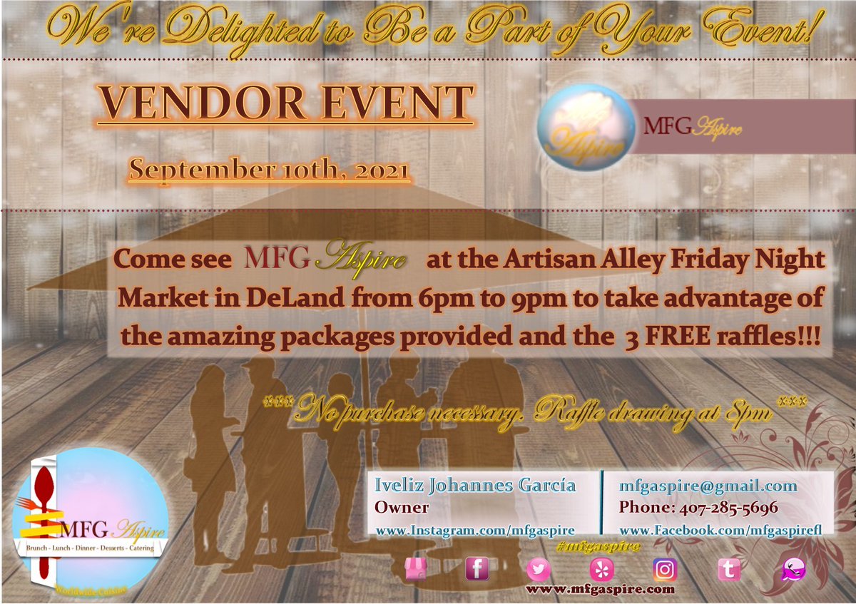 mfgaspire's tweet photo. Come meet MFG Aspire and participate in the vendor showcase. FREE tastings and information packages on Event Planning services, Food Catering Services, Baked Goods fees and much more!!
Artisan Alley Friday Night Growers and Makers Market from 6pm - 9pm
#deland #tastings #bakesale https://t.co/oWdlwyeJy4