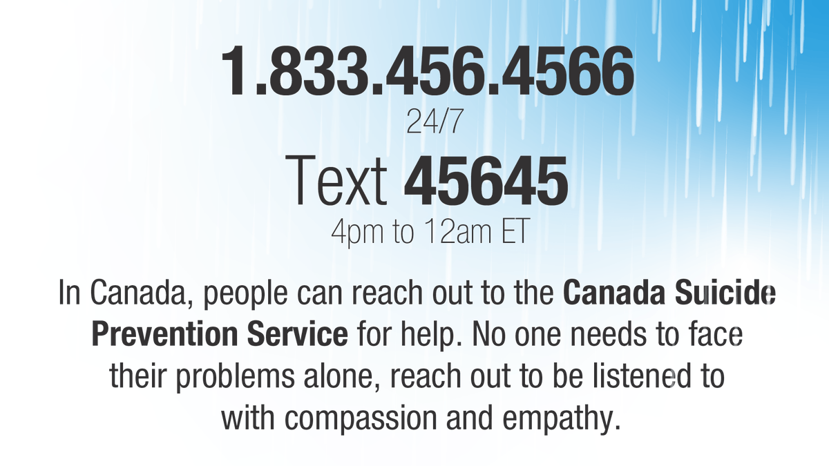 If you’re thinking about suicide, are worried about a friend or loved one, the Canada Suicide Prevention Service is available 24/7 for voice and 4pm to 12am ET for text.
 
#MentalHealthisHealth
#WorldSuicidePreventionDay