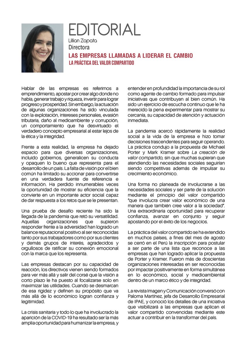 revista_IyC's tweet photo. 📌 LAS #EMPRESAS LLAMADAS A #LIDERAR EL #CAMBIO
La #práctica del #valor compartido
✍️Editorial por Lillian Zapata @LillianZapata
🎯Encuéntralo en la Edición N°104 de la Revista Imagen y Comunicación 👇👇
https://t.co/AlMOgElPxw https://t.co/qWCMQ0nh9j