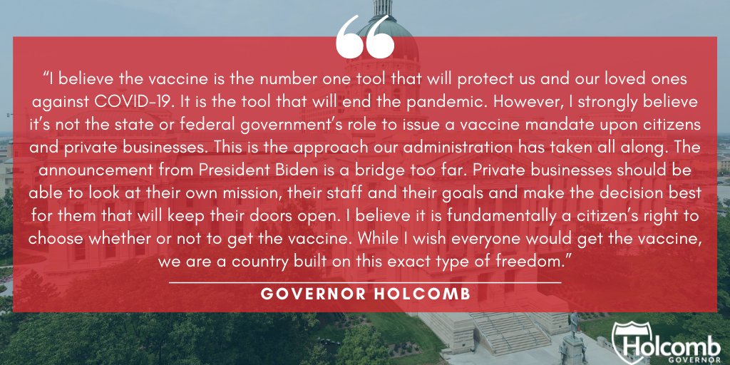 HolcombForIN's tweet image. Gov. Holcomb offered the following statement in response to Biden&apos;s proposed vaccine mandate.
