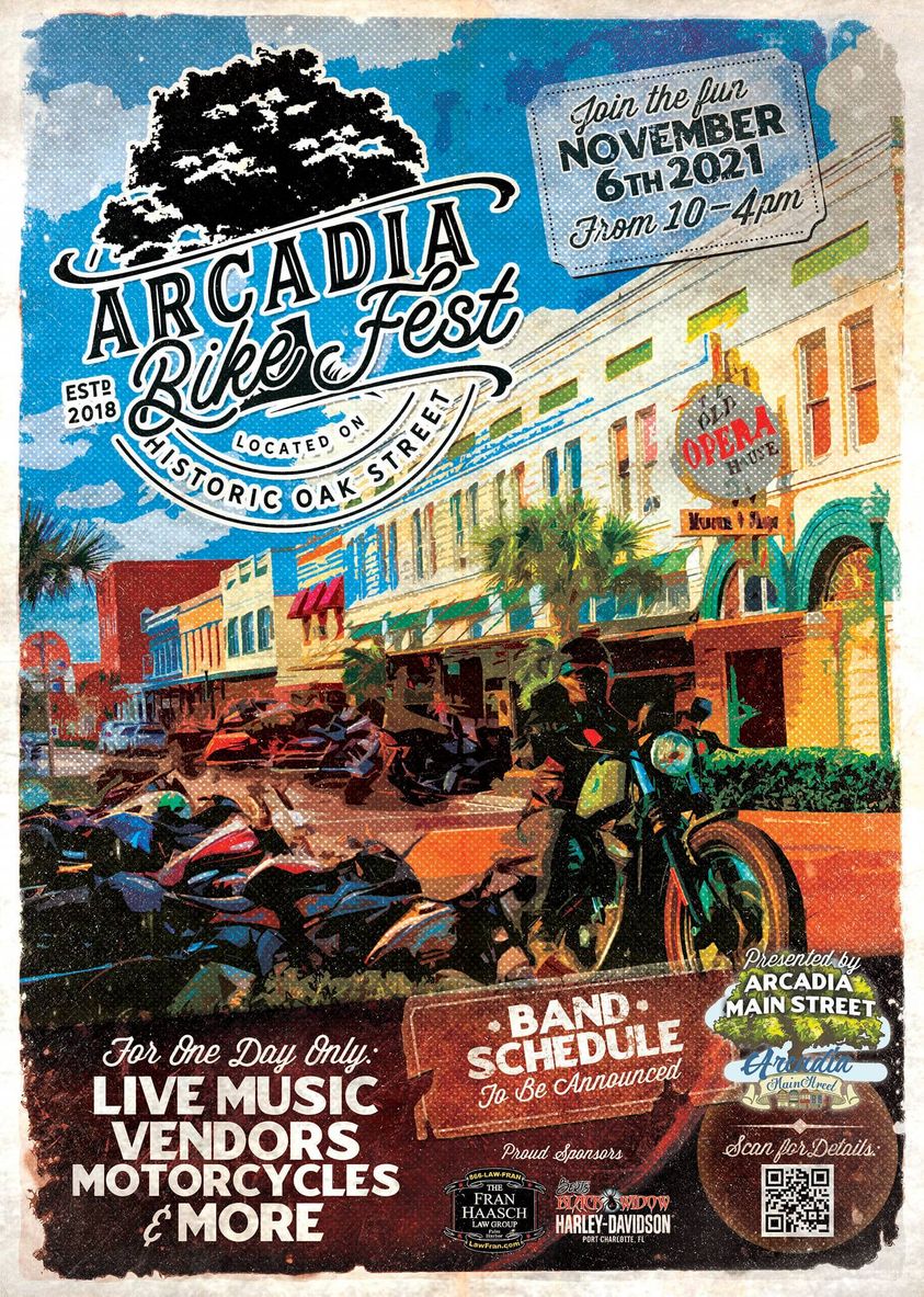 Arcadia Main Street is excited to announce that we will be hosting Arcadia Bike Fest on Saturday, November 6, 2021 from 10 am to 4 pm. Our co-hosts, Bert’s Black Widow Harley Davidson &amp; Attorney Fran Haasch are looking forward to another AWESOME event! #ArcadiaBikeFest2021