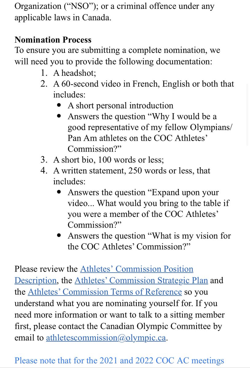 TeamCanadaAC's tweet photo. 🚨2021 Call for nominations for @TeamCanadaAC is NOW open🚨

We are looking for dedicated, engaged athletes to represent the voice of 🇨🇦 athletes! 

Find more below:

✔️Eligibility
✔️Nomination Process
✔️Deadline

🖥 https://t.co/udhJJFvDTa 

📧 athletescommission@olympic.ca https://t.co/XhVoBho8d2