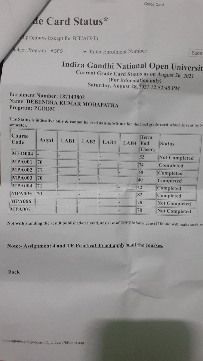 OfficialIGNOU Respected Sir, My Assignment marks are not entered in my Grade card which was submitted at Banwarilal Bhalotia College, Asansol, Burdwan -713303 (Centre Code: 2809) informed me that my assignment marks OfficialIGNOU Respected Sir, My Assignment marks are not entered in my Grade card which was submitted at Banwarilal Bhalotia College, Asansol, Burdwan -713303 (Centre Code: 2809) informed me that my assignment marks